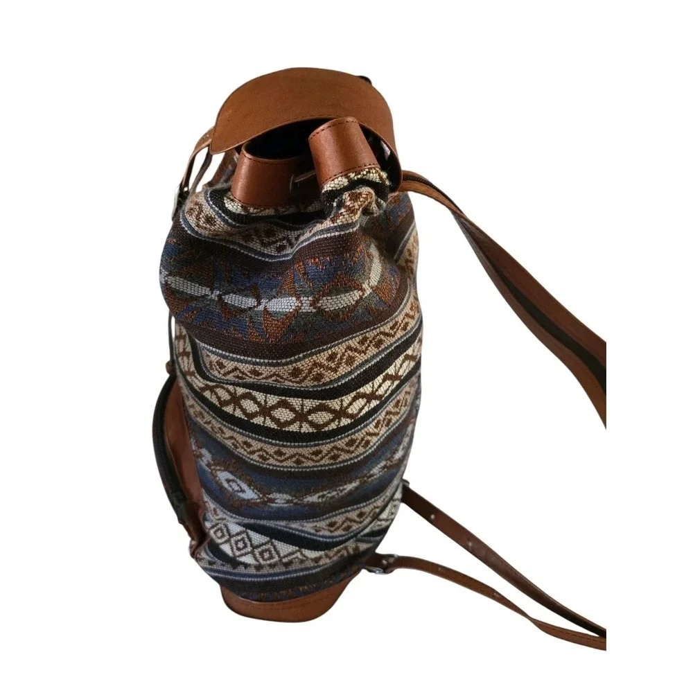Womens Backpack Aztec Canvas Suede‎ Leather Flap Over Buckle Adjustable Brown